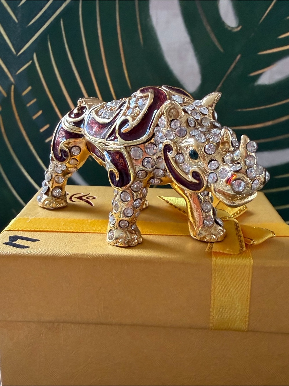 Hand-Painted Enamel Rhinestone Rhino Trinket Box Jewelry Keepsake NIB NWT